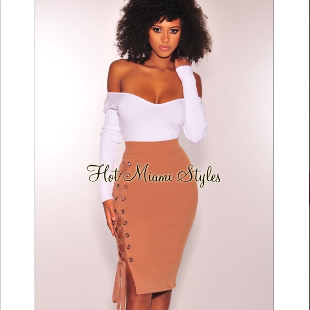 Hot Miami Styles Mocha Lace Up Knee Length Skirt